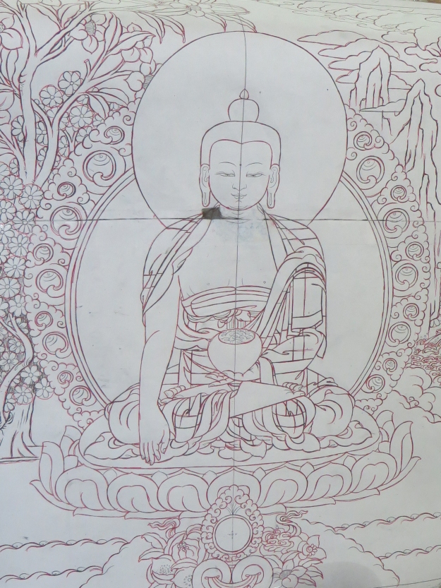 Before the first dab of paint is applied, the thangka painter will stretch and stitch the canvas and then sketch the design with geometric precision.
